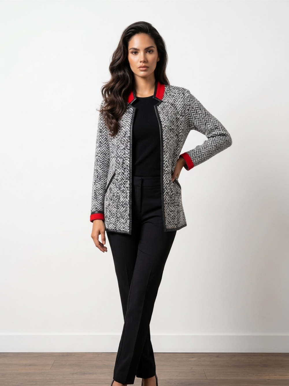 Ming Wang Black White Knit Open Front Jacket Red Collar Pockets